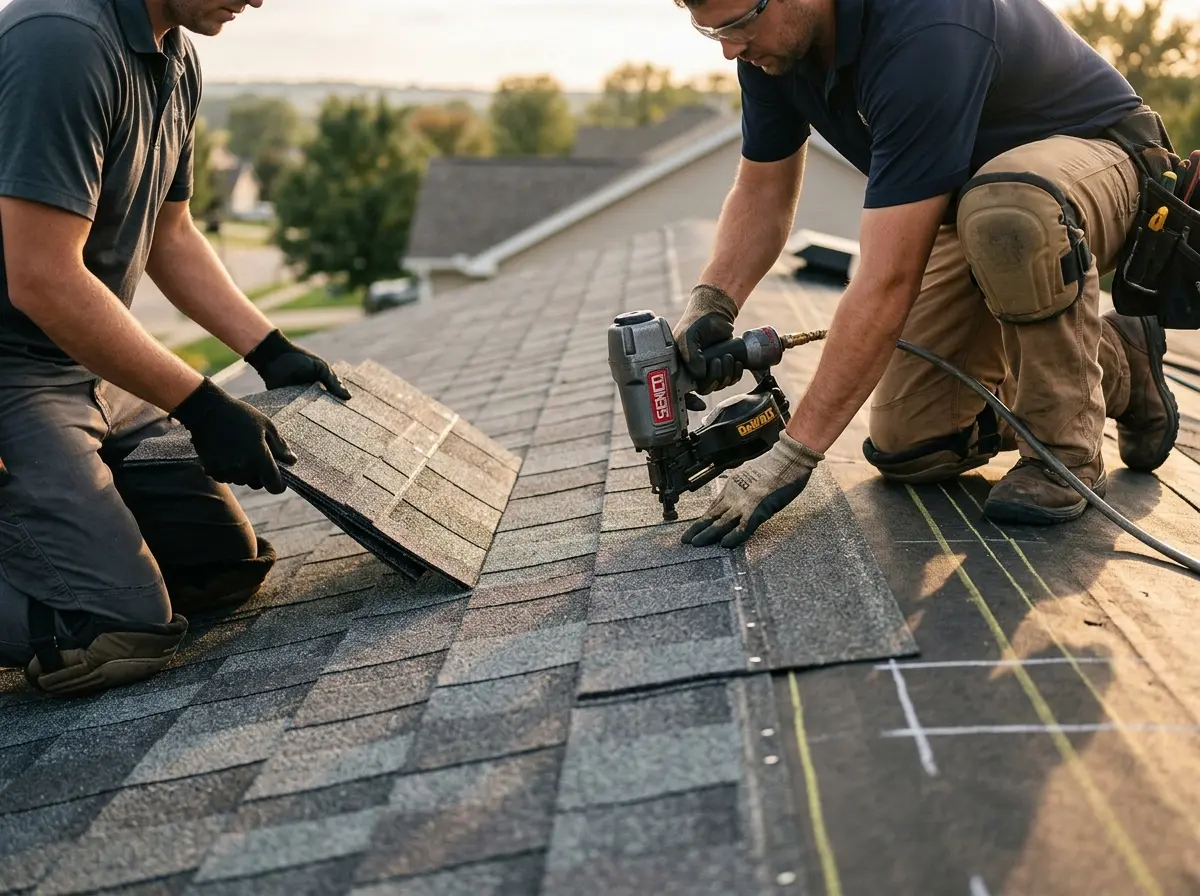 Professional roofer working on a residential roof in Lanett